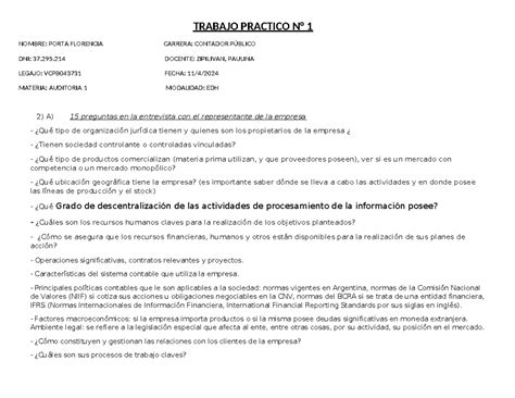 Tp Auditor A Trabajo Practico N Nombre Porta Florencia