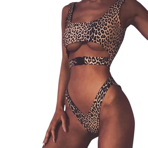 Swimwear Women Sexy Buckle Leopard Bikini Set Push Up Padded