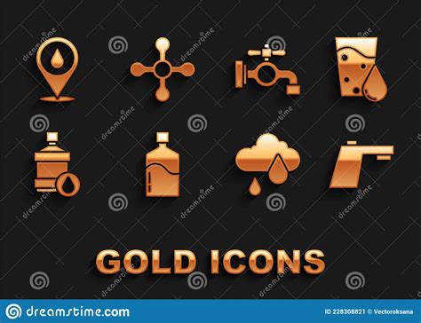 Set Big Bottle With Clean Water Glass Water Tap Cloud Rain Drop Location And Icon Vector