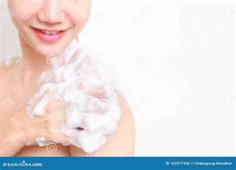 Beautiful Girl Washing Her Body Shower Gel In Bathroom Stock Photo Image Of Brunette Female