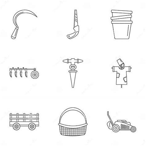 Farm Tool Icon Set Outline Style Stock Vector Illustration Of Grass