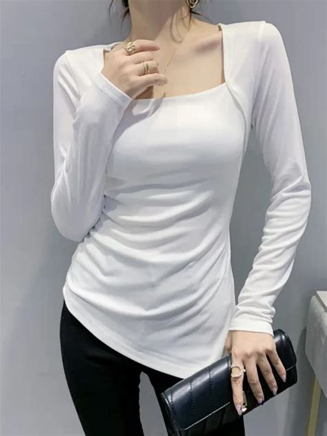 Long Sleeve Square Neck Clavicle Top Sexy Irregular T Shirt Lazada