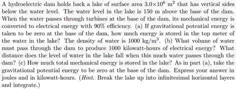 Solved A Hydroelectric Dam Holds Back A Lake Of Surface Area Chegg