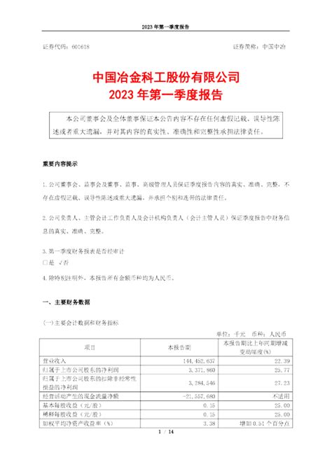 中国中冶：中国中冶2023年第一季度报告（更新版）