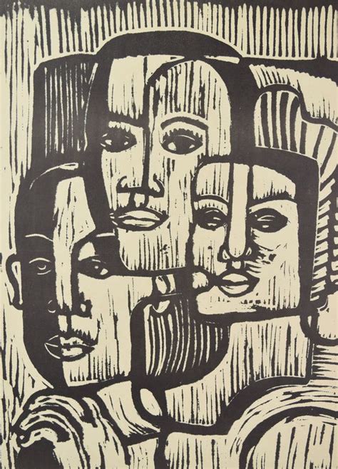 Cool Mid Century Modern Woodcut Print Depicting A Group Of Abstracted