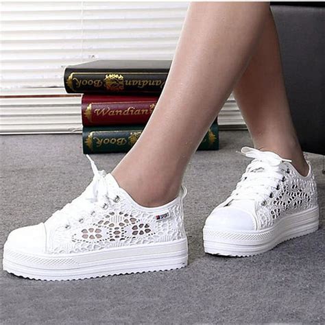 Lace Canvas Hollow Breathable Platform Flat Sneakers Pu27 In 2020