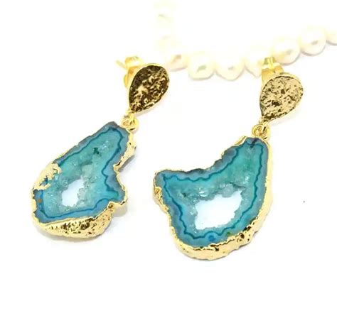 Newest Arrival Sky Blue Slice Geode Druzy Earring Brass 24k Gold Electroplated Drop Earring