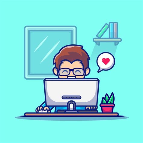 Man Working On Computer Cartoon Vector Icon Illustration. People ...