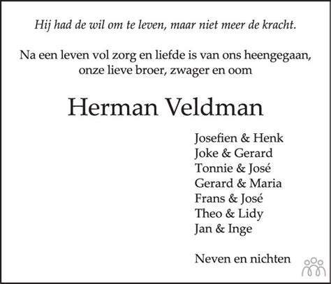 Herman Veldman 19 01 2023 Overlijdensbericht En Condoleances