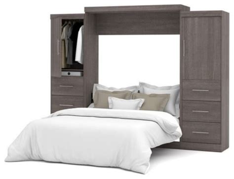 Bowery Hill Wood Queen Wall Bed Kit Set With Drawers In Bark