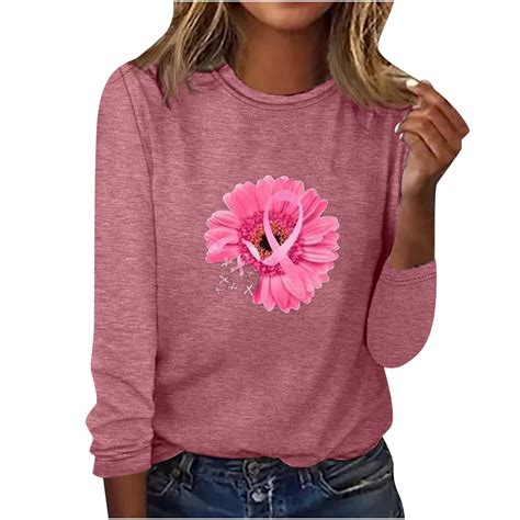 Womens Breast Cancer Awareness Tops Pink Ribbon Shirts Loose Fit Pullover Crewneck Long Sleeve