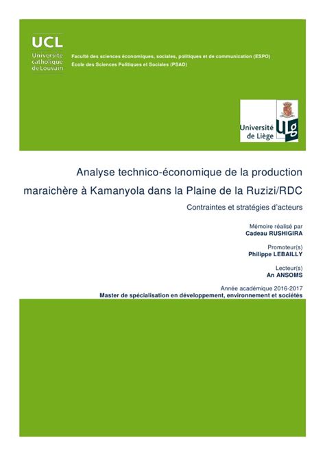 Analyse technico économique de la production maraîchère à Kamanyola