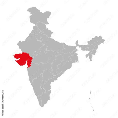 Gujarat map marked red on India political map vector illustration. Gray ...