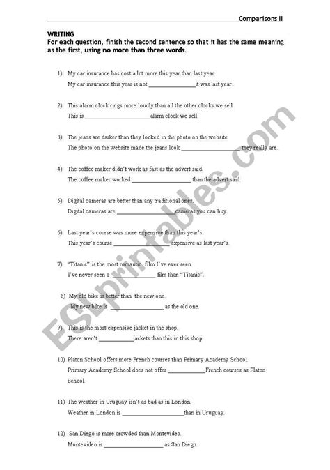 English Worksheets Comparatives And Superlatives Rewriting