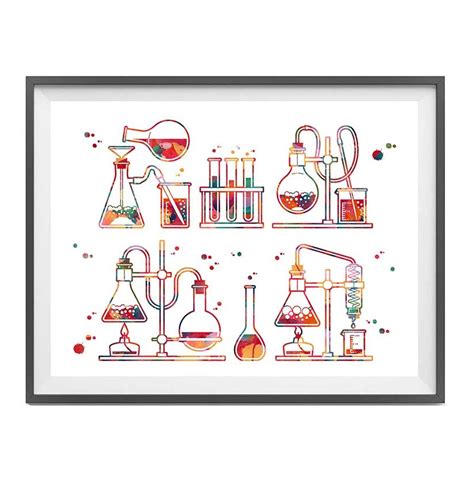 Chemistry Lab Watercolor Print Test Tube Chemical Flask Erlenmeyer