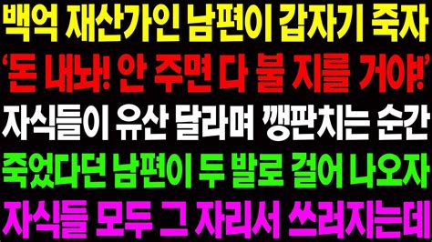 실화사연 백억 재산가인 남편이 갑자기 죽자 자식들이 유산을 달라며 내게 찾아와 깽판을 치는데 사이다 사연 감동사연