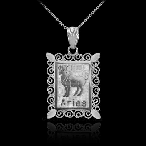 Polished White Gold Rectangular Aries Zodiac Sign Pendant