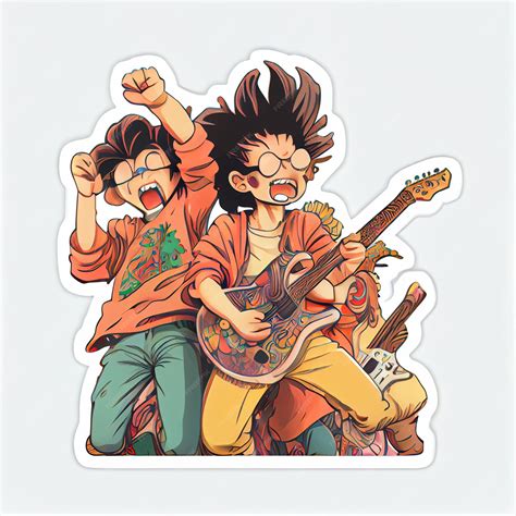 Premium Photo | Anime stickers of two young men playing guitar and singing generative ai