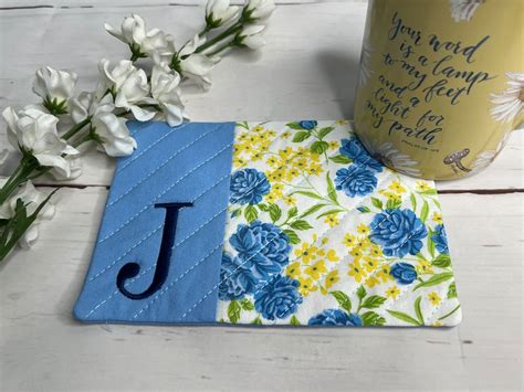 Monogrammed Mug Rug Embroidered Mug Rug Floral Mug Rug Personalized