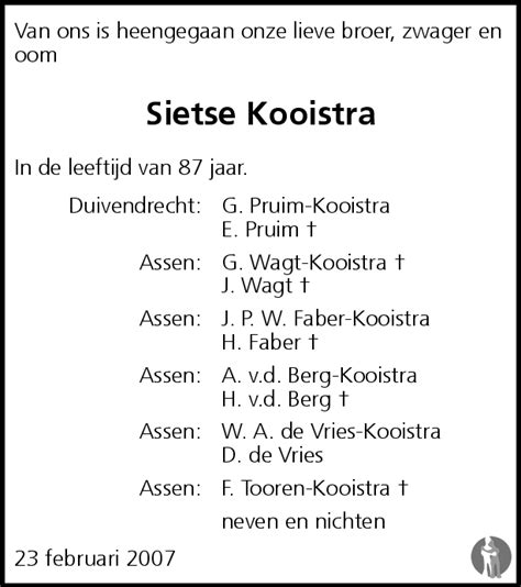 Sietse Kooistra 23 02 2007 Overlijdensbericht En Condoleances