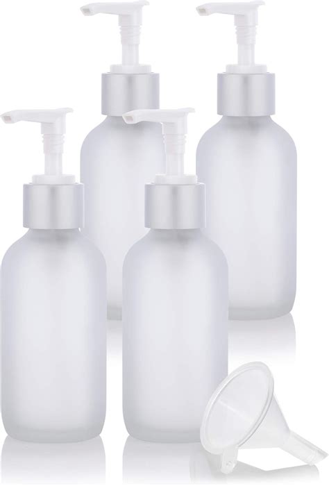 4 Oz Frosted Clear Glass Boston Round Bottle With Silver Lotion Pump 4 Pack