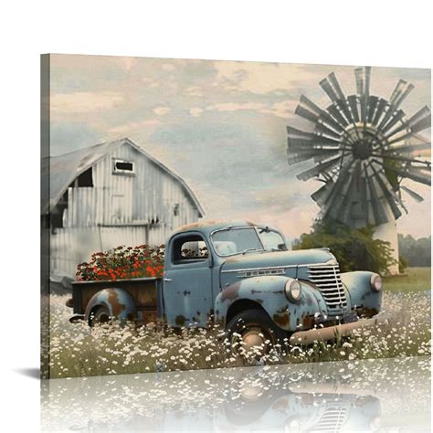 Comio Farmhouse Old Truck Canvas Wall Art Old Barn Pictures Wall Art