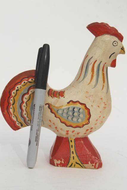 Vintage Carved Wood Rooster Chicken Hand Painted Primitive Naive Folk