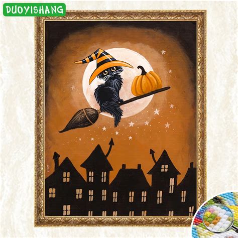 Duoyishang Cat And Pumpkin 5d Diamond Painting Halloween Full Square