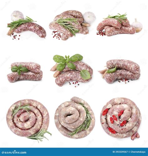 Saucisses Maison Brutes Sur Fond Blanc Collage Design Image Stock