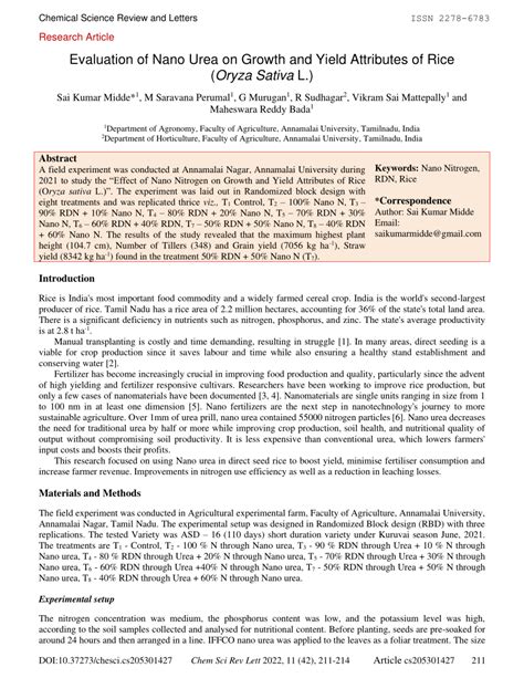 Pdf Evaluation Of Nano Urea On Growth And Yield Attributes Of Rice