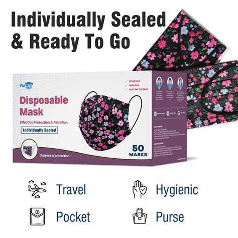 Disposable Face Masks 3 Ply Individually Wrapped 50ct Flowers