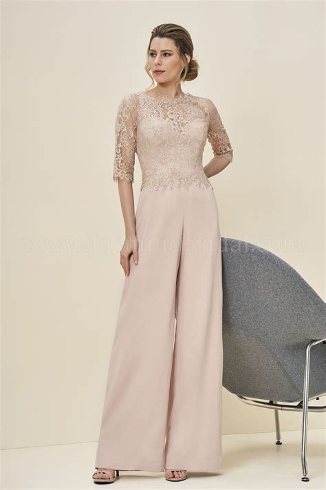 J195071 Boat Neckline Lace And Crepe Wide Leg Pant Suit With Sleeves