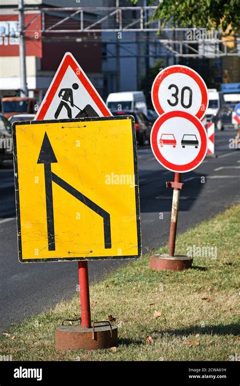 Traffic Signs At The Road Construction Stock Photo Alamy