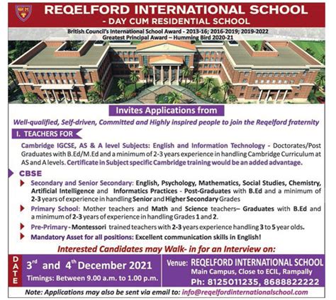 Reqelford International School, Hyderabad, Telangana wanted Teachers ...