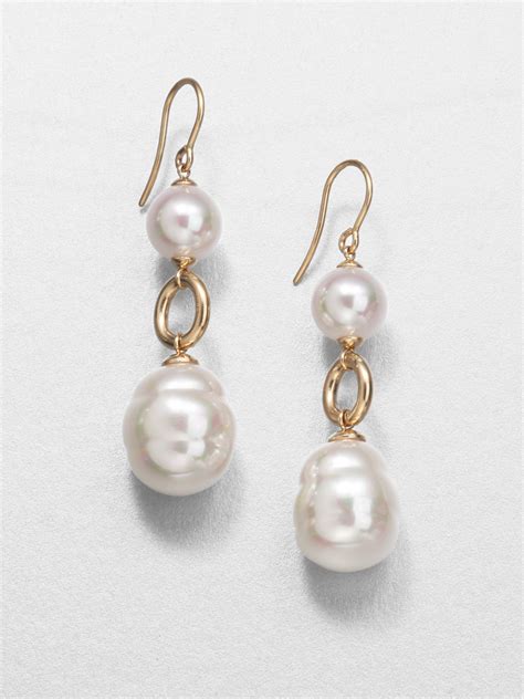 Majorica 10mm Round Pearl 14mm Baroque Pearl And 18k Yellow Gold Earrings In White Pearl Gold