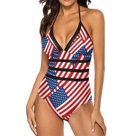 USA Flag Swimsuit Sexy Red White and Blue Zigzag Ladies Swimwear One