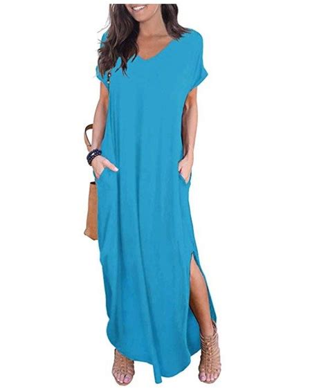 Grecerelle Womens Casual Loose Pocket Long Dress Short Sleeve Split