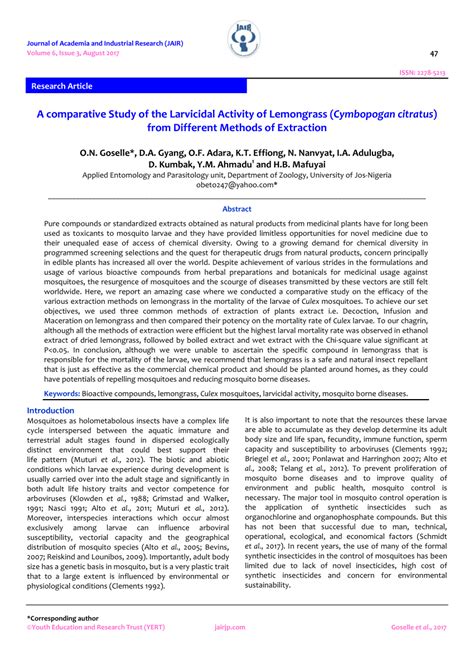 Pdf A Comparative Study Of The Larvicidal Activity Of Lemongrass