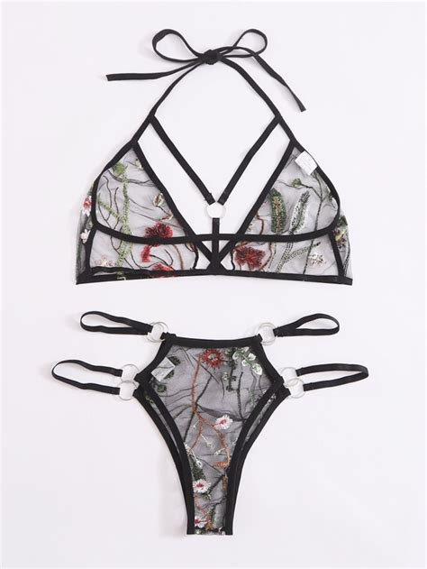 Is That The New Floral Embroidery Ring Linked Harness Lingerie Set