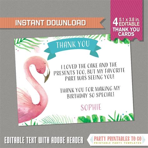 Flamingo Party Thank You Card Flamingo Birthday Flamingo Thank You