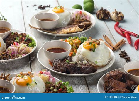 Various Malaysian Rice and Dishes Stock Image - Image of anchovies ...