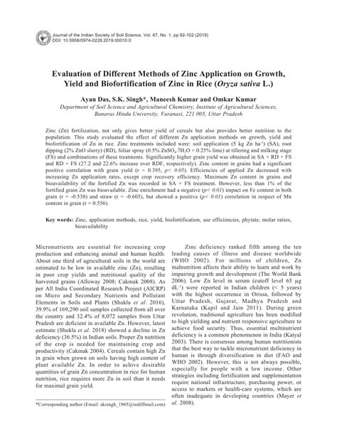 Pdf Evaluation Of Different Methods Of Zinc Application On Growth Yield And Biofortification