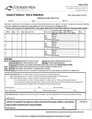 Fillable Online Coloradomesa Change Of Schedule Special Permission