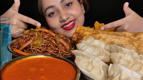 Uncut Mukbang‼️😉 Eating Spicy Chowmien🥵 Steamed Momos🔥 And Spring Rolls