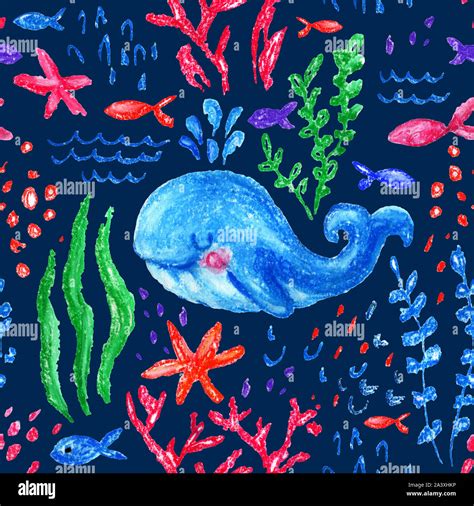 Crayon Childlike Marin Seamless Pattern Underwater Sea Ocean Life