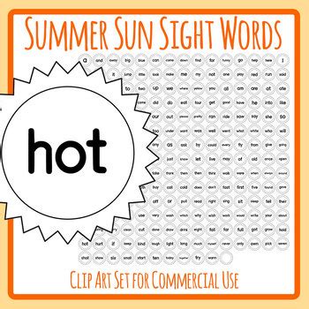 Summer Sun Sight Words Dolch Sightwords On Sun Weather Bw Clip Art