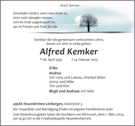 Traueranzeigen Von Alfred Kemker Noz Trauerportal