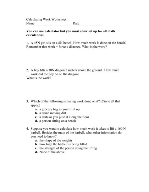 Calculating Work Worksheet Physical Science