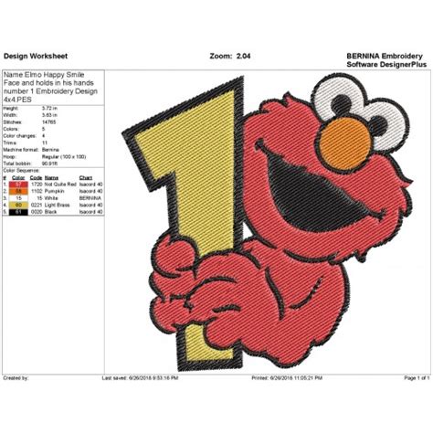 Elmo Happy Smile Face and holds in his hands number 1 Embroidery Design