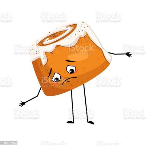 Cute Cinnamon Pastry Bun Character With Sad Emotions Stock Illustration